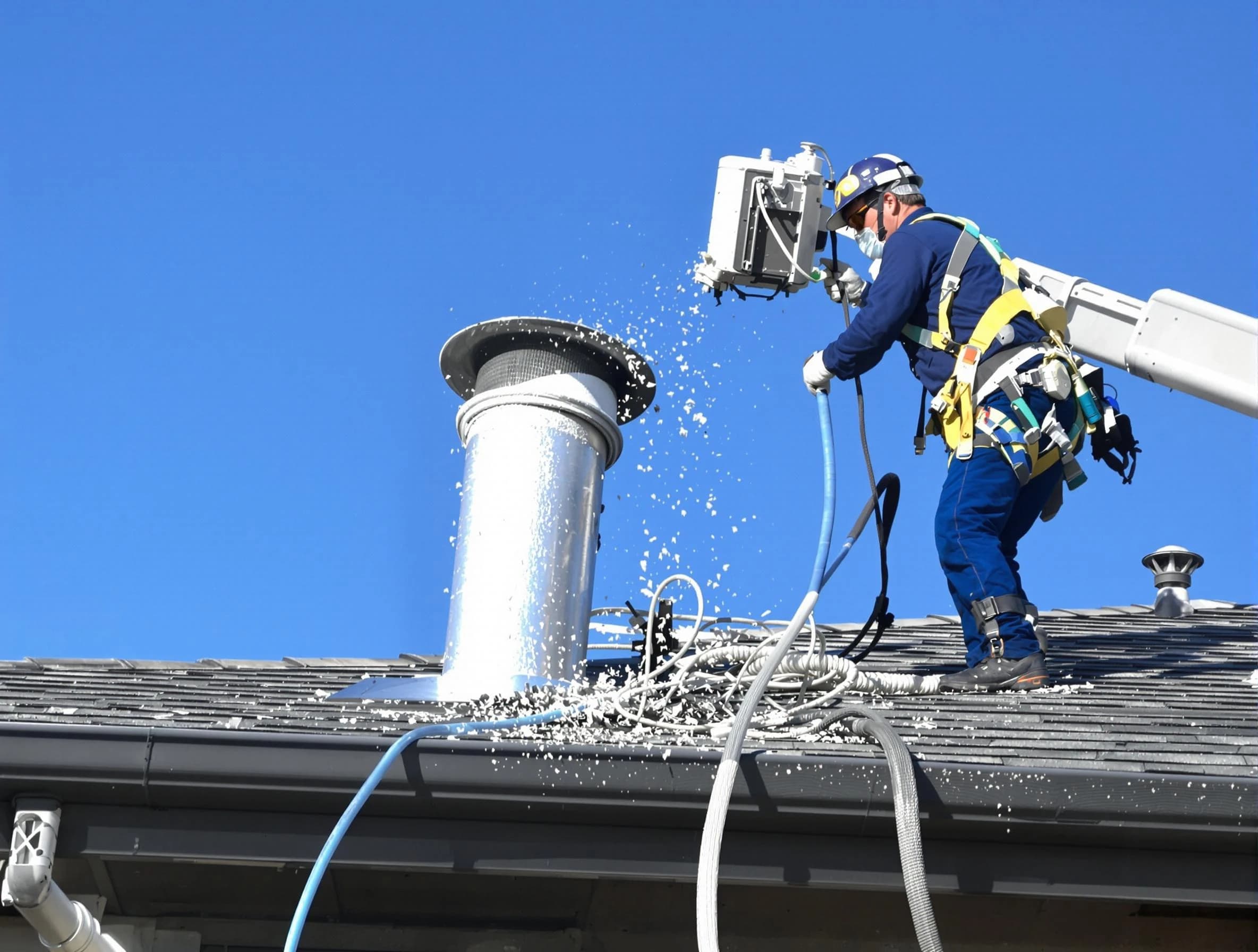 Jasper Dryer Vent Cleaning certified technician safely cleaning a roof-mounted dryer vent in Jasper